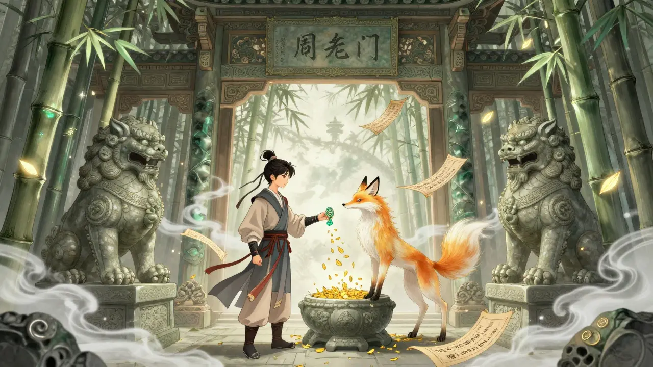 A warrior exchanging a SGC token with a fox spirit, transforming it into golden SGCP leaves.