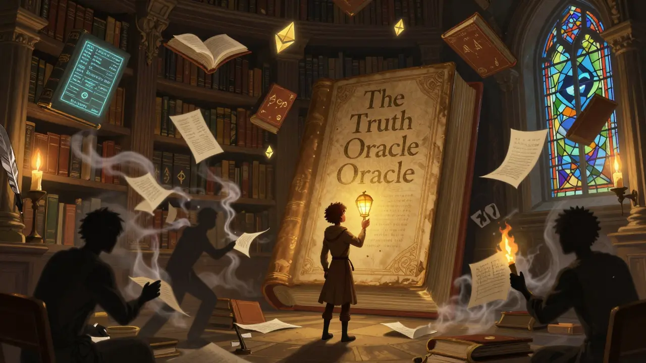 Ancient library with floating books and a REP lantern illuminating truth against shadowy deceivers.