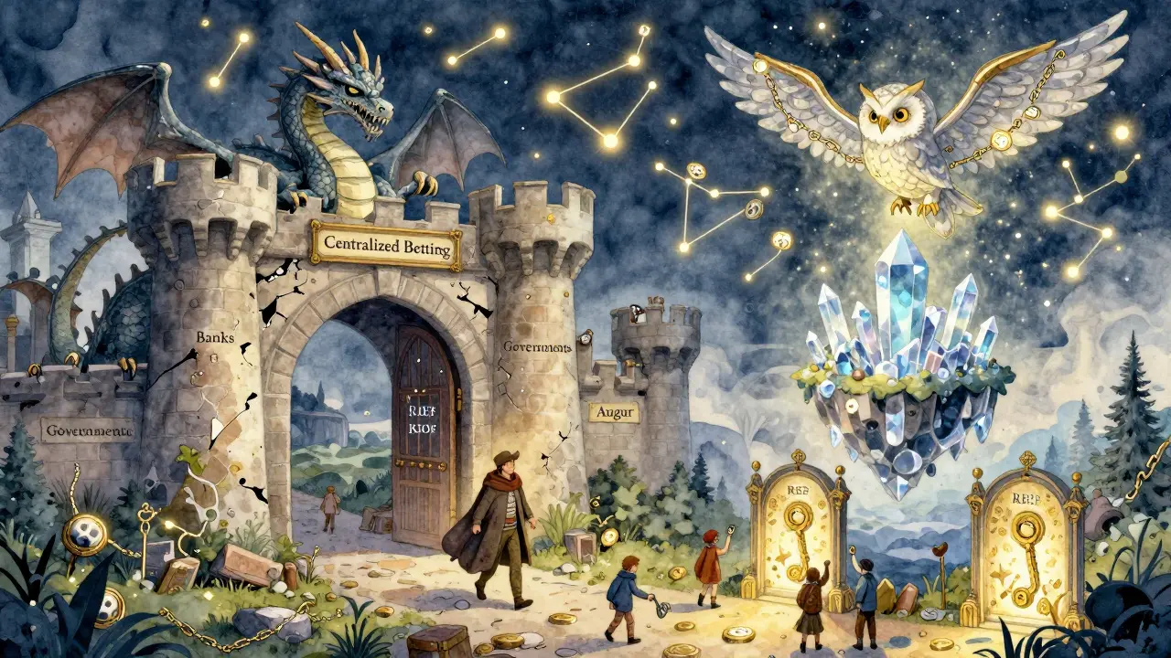 Brave traveler entering Augur&#039;s floating island through a portal, leaving behind centralized betting castles.