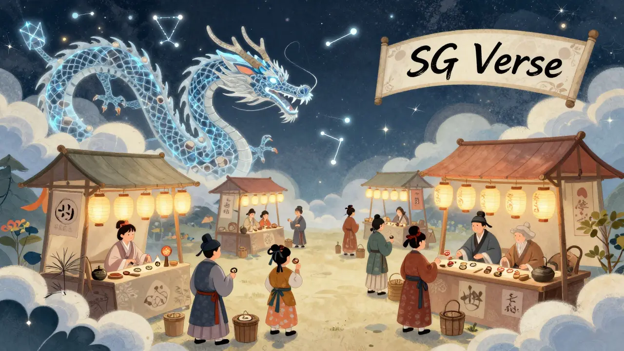 Celestial marketplace with players trading SGC tokens under a blockchain dragon in the sky.