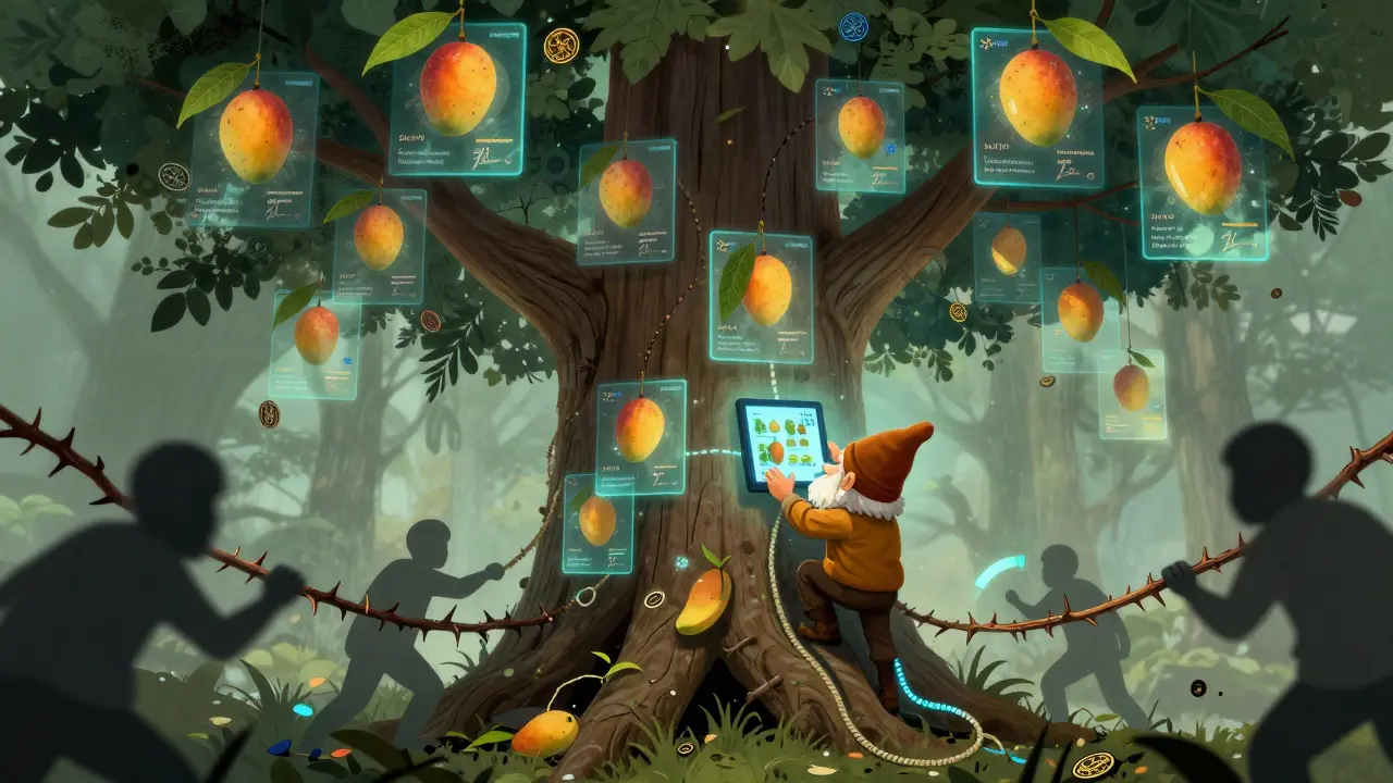 Digitaler Baum mit Transaktionsblättern, ein Logistik-Zwerg klettert, während Betrug versucht, einzudringen.