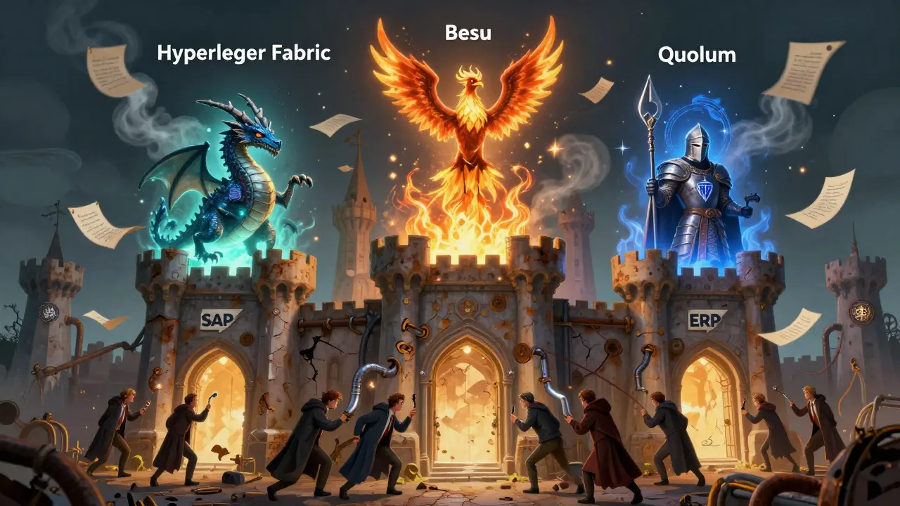 Drei magische Türme als DLT-Plattformen, Ingenieure verbinden sie mit einem alten ERP-Schloss, Funkensprühend.