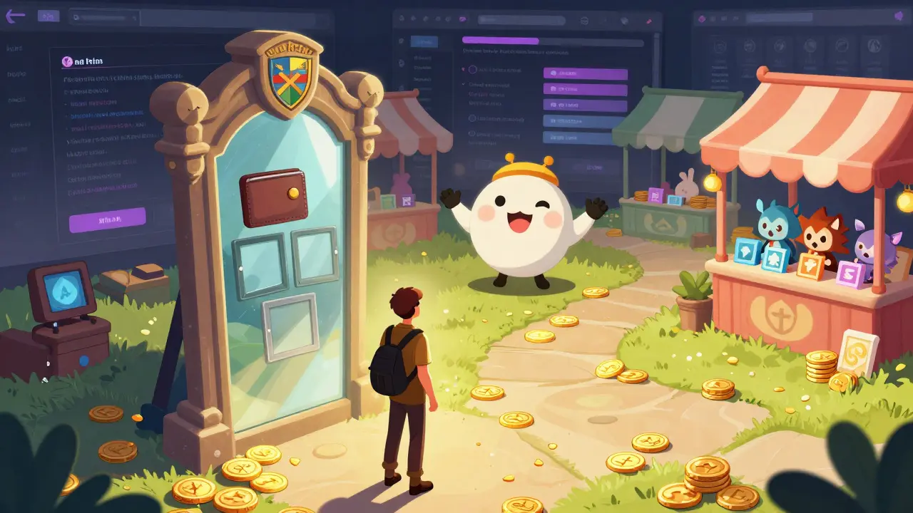 Ein Reisender steht vor einem bösen Spiegelportal, das gestohlene Wallets zeigt, während ein echter RACA-Mascotte in der Sonne winkt.