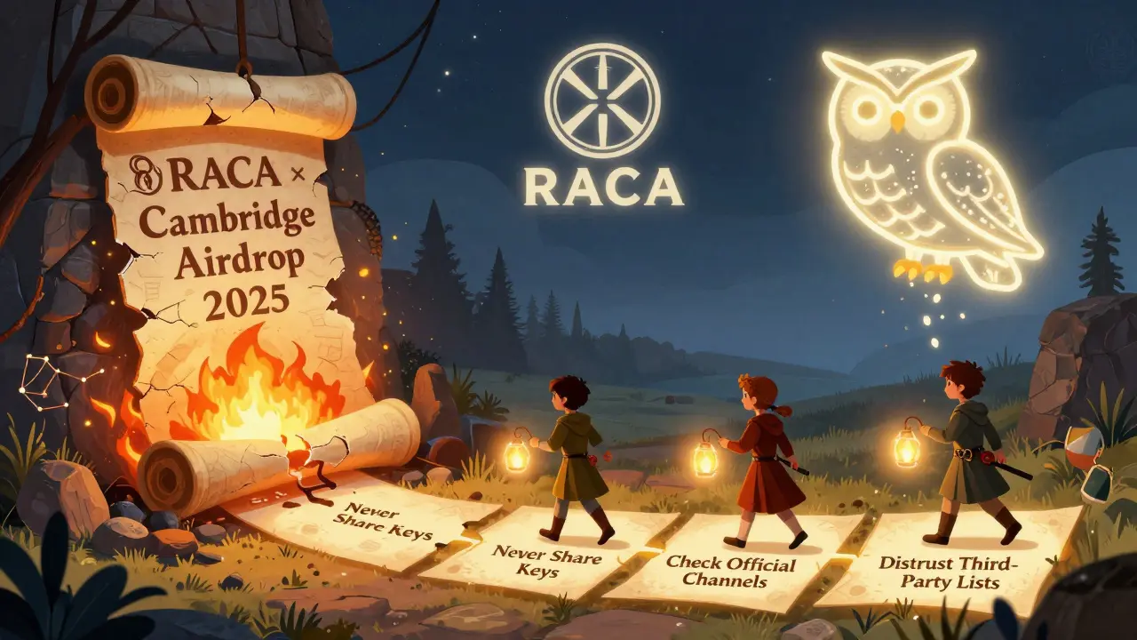 Ein verbranntes Airdrop-Scroll steigt als Eule aus Asche auf, während Kinder einem sicheren Pfad mit Warnregeln folgen.