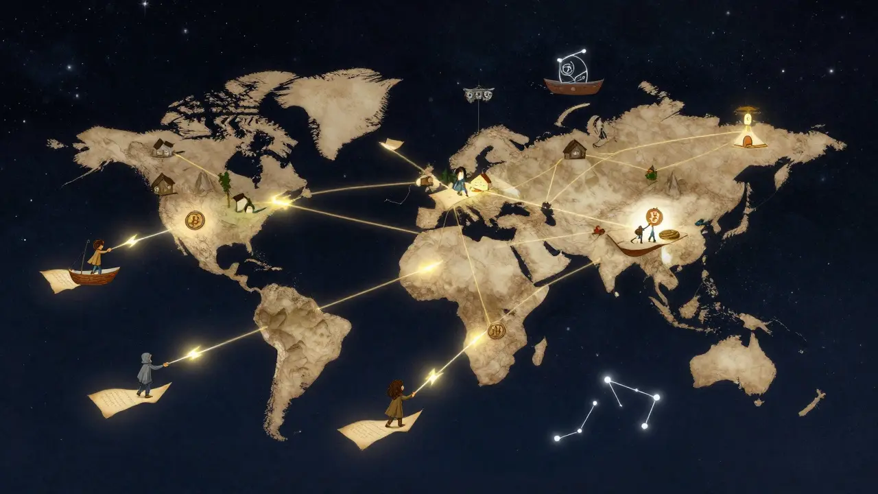 Ein weltumspannendes Netzwerk aus goldenen Fäden, das Länder und Figuren mit Bitcoin-Coins verbindet.