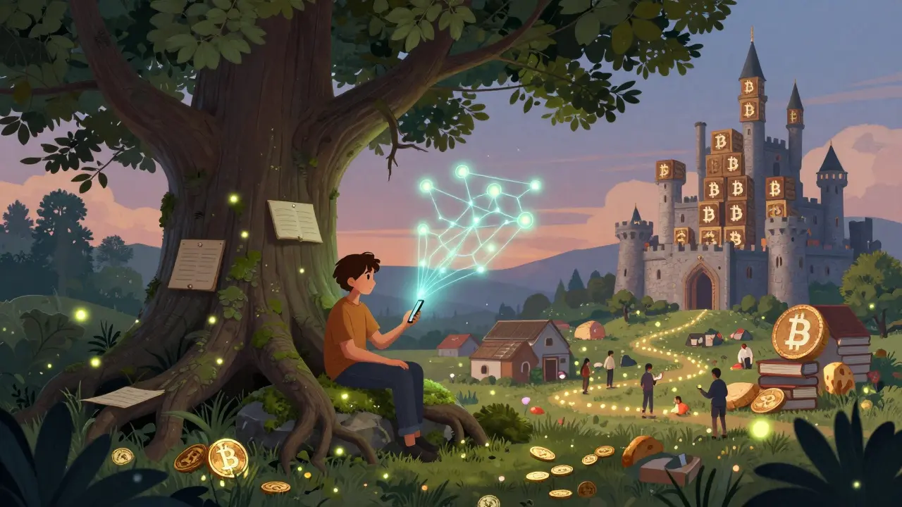 Eine Person unter einem Baum, die das Lightning-Netzwerk als leuchtende Pfadkarte entdeckt.