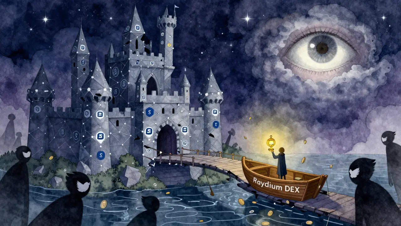 A crumbling blockchain castle with a lone figure crossing a broken bridge, shadowy Twitter birds watching from below.