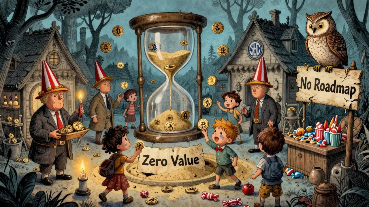 A surreal marketplace where merchants sell FAFO tokens, children trade candies, and an owl with a SEC badge observes.