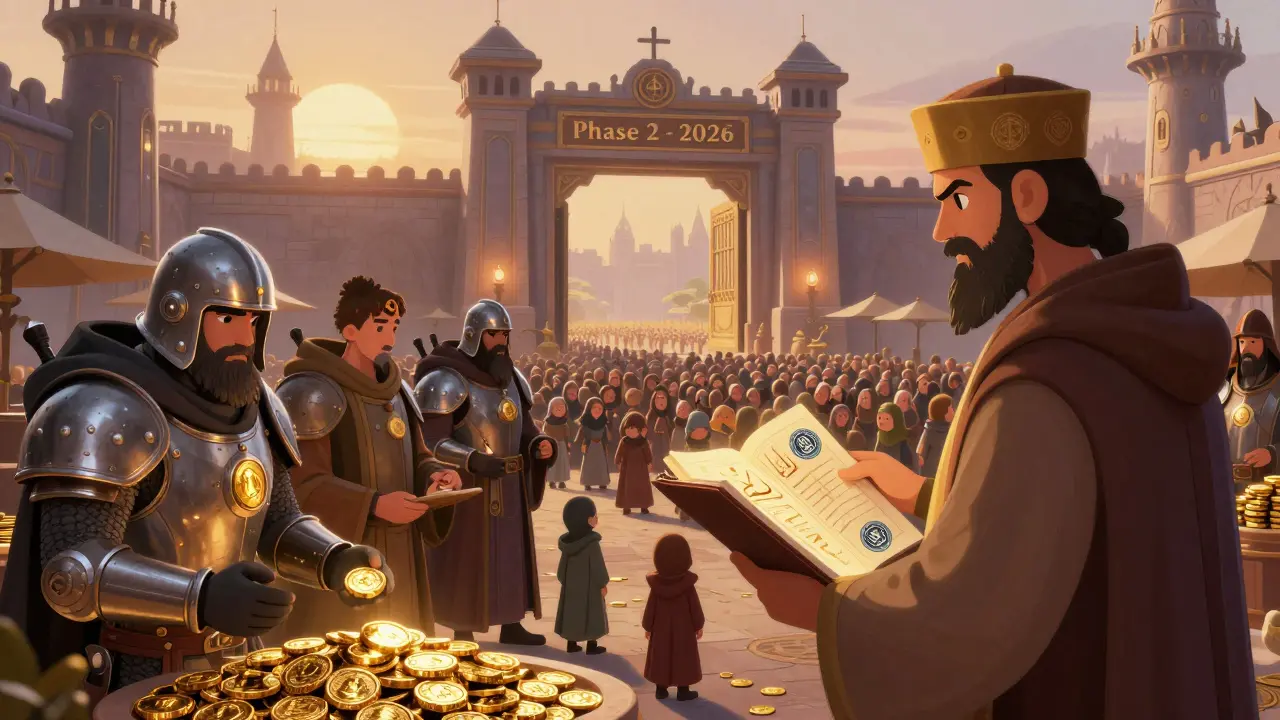 Ein digitaler Markt, wo internationale Miner mit einem Steuerbeamten handeln, während ein Tor zu Phase 2 sich öffnet.