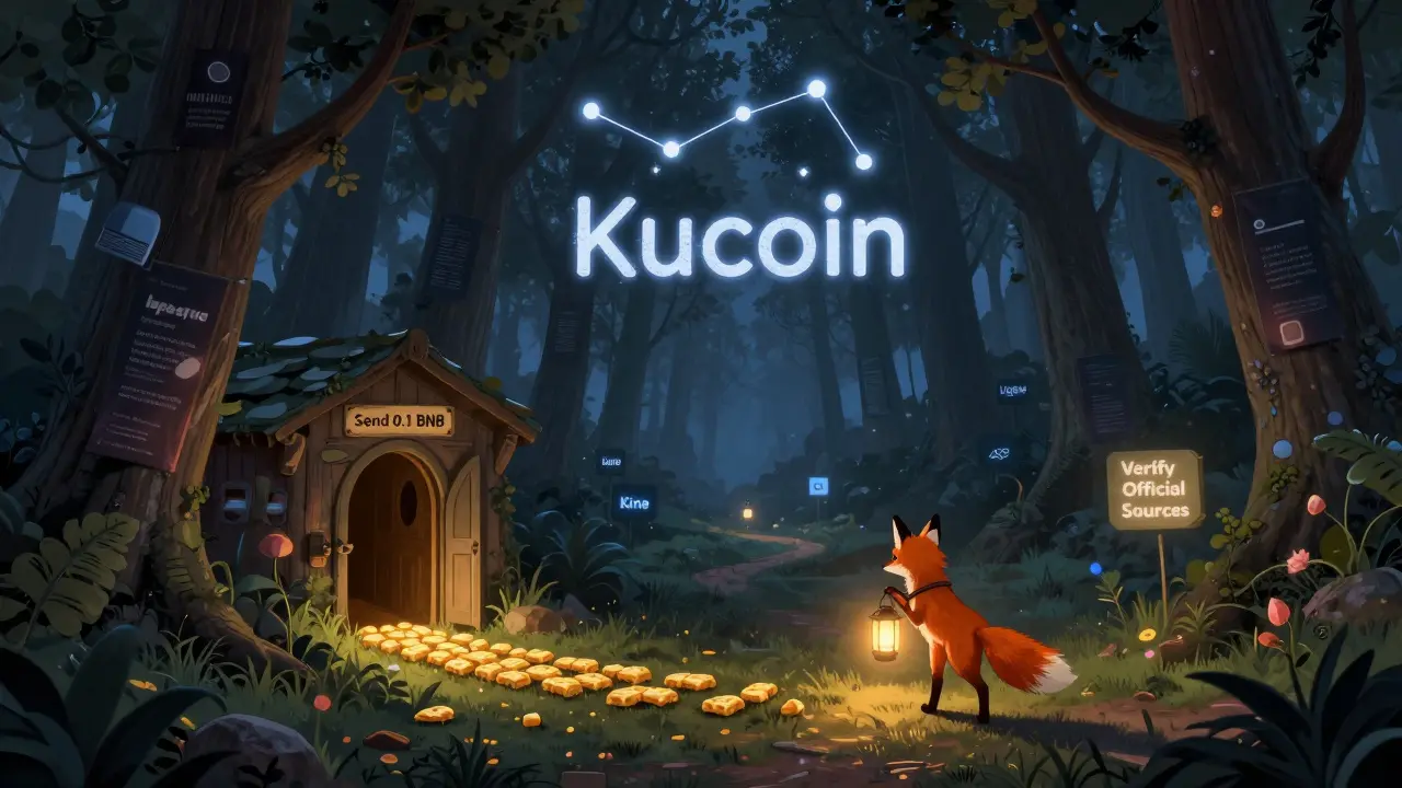 Ein Fuchs geht weg von einer Falle mit der Aufforderung, BNB zu senden, während echte Projekte als Lichter am Himmel leuchten.