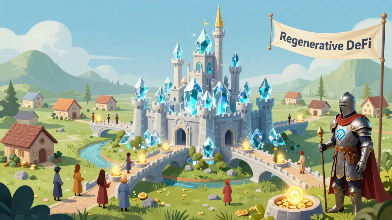 Ein glühendes Blockchain-Schloss mit Brücken zu nachhaltigen Netzwerken und einem Ritter als Wächter.