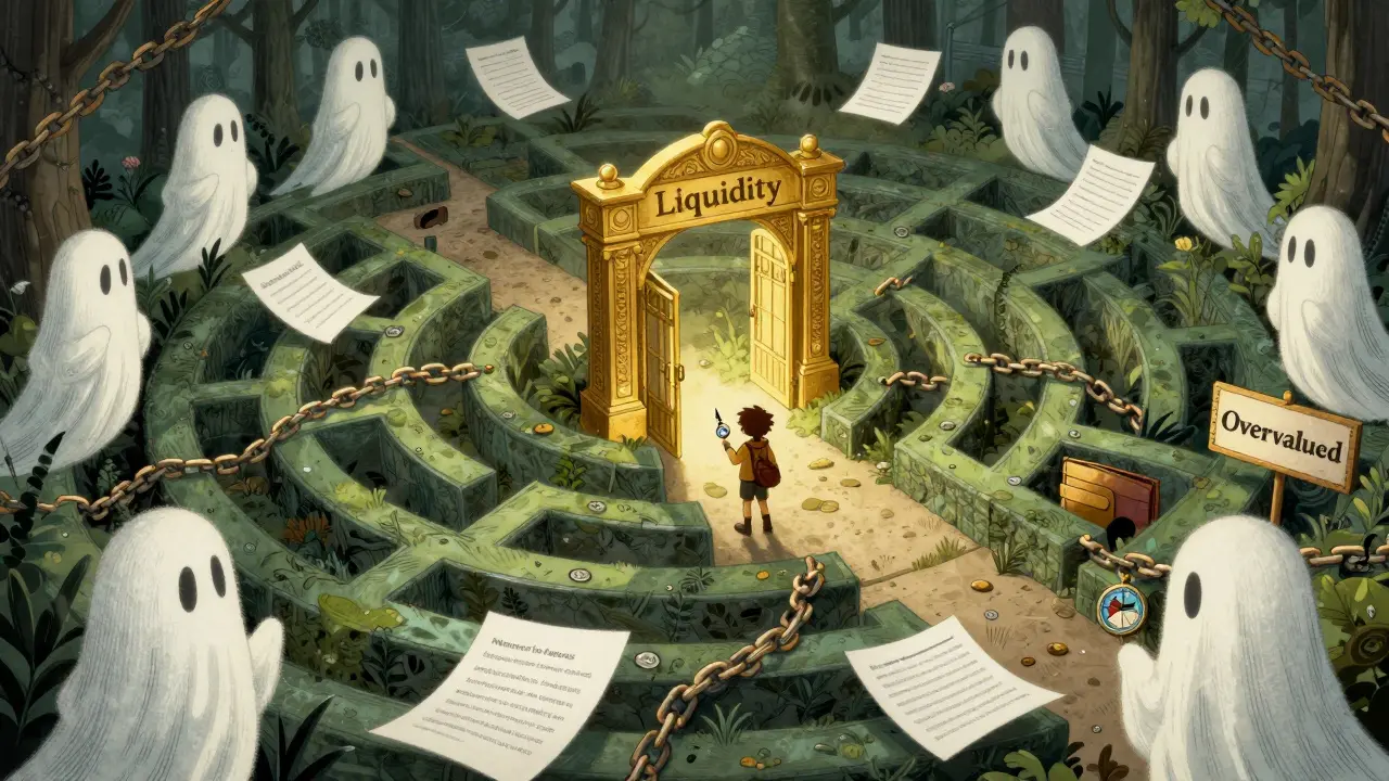 Ein Kind erkundet ein Labyrinth aus Blockchain-Ketten und weißen Papieren, während Geister von Influencern und Wallets umherirren.