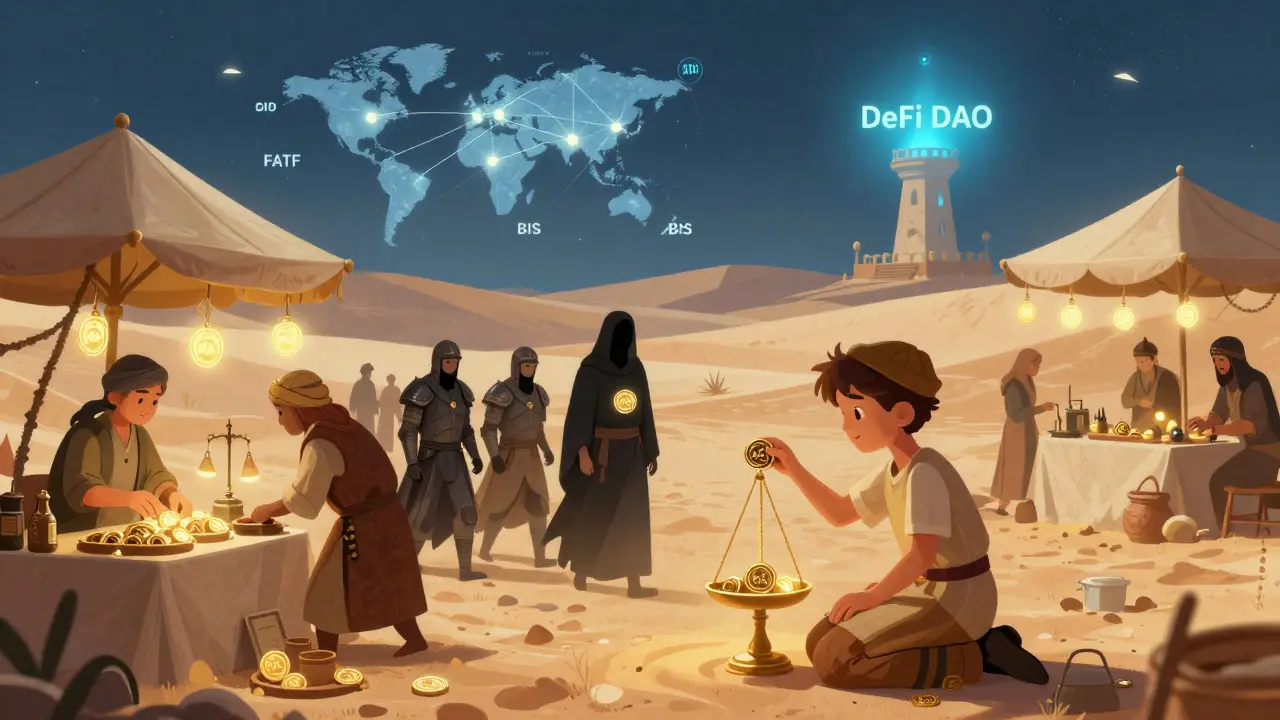 Ein Märchenmarkt in der Wüste, wo nur genehmigte Händler Token verkaufen, während verbotene Münzen abgeführt werden.
