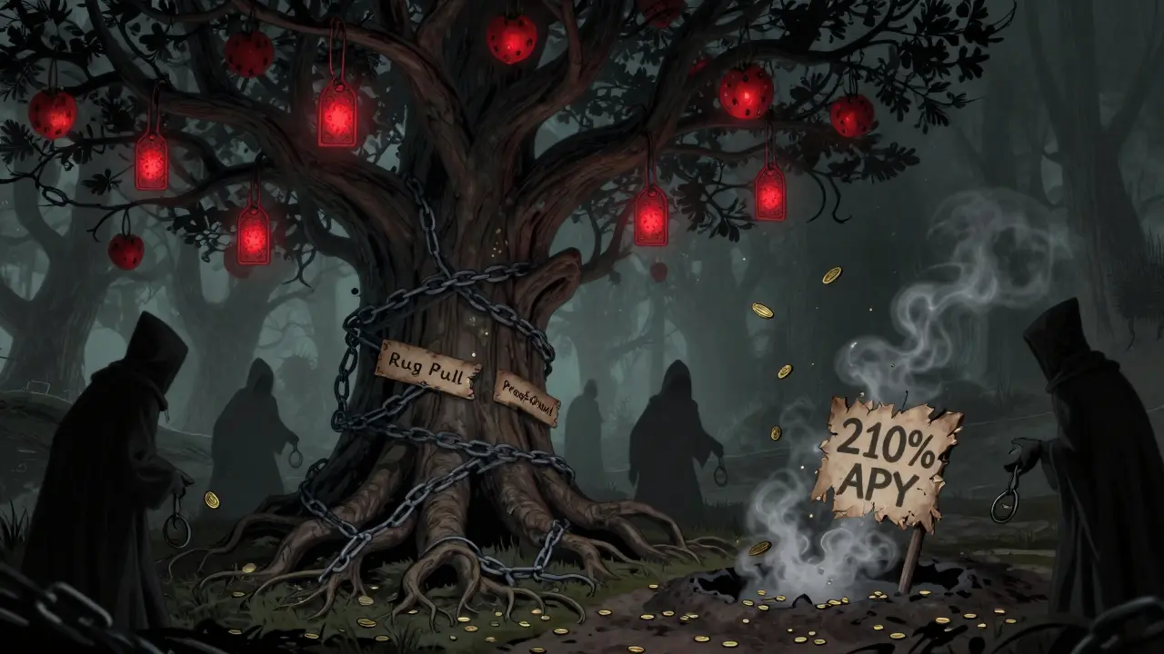 Eine dunkle, giftige Baumgestalt mit fallenden Token-Früchten und stehlenden Schatten.