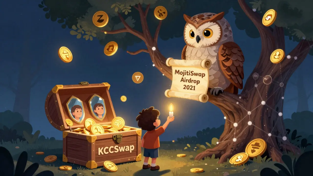 Eine Eule hält ein Dokument über MojitoSwap, während ein Kind auf eine leere Kiste mit KCCSwap-Zeichen starrt.