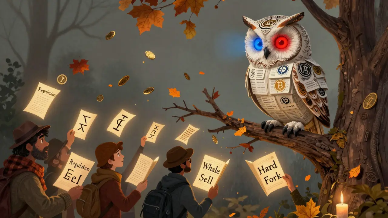 Eine Eule sitzt auf einem Baum aus Finanzberichten, während Reisende versuchen, sich verändernde Runen zu erklären.