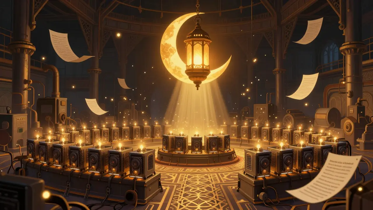 Eine industrielle Mining-Halle mit goldenen Minern, beschützt von einer Shariah-Laterne und schwebenden Compliance-Dokumenten.