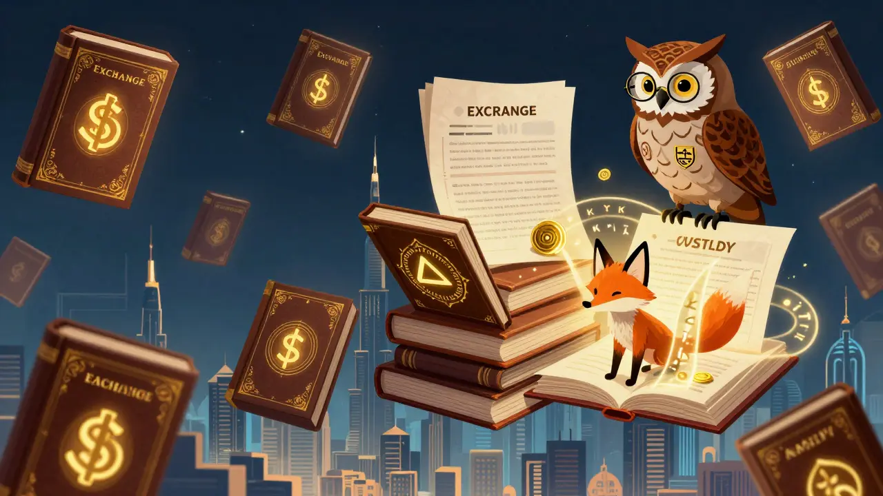 Eine schwebende Bibliothek mit magischen Lizenz-Büchern, eine Eule mit VARA-Abzeichen überwacht die Compliance.