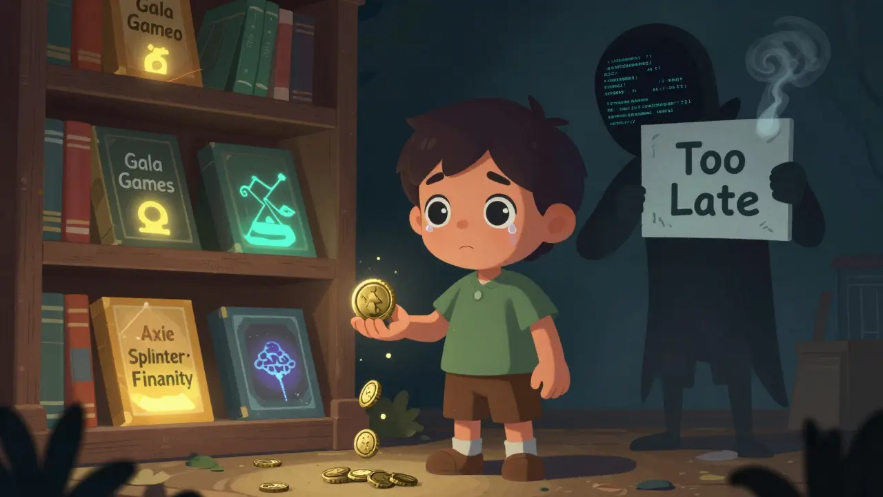 Ein Kind hält einen verstaubten Token, während hinter ihm eine Schattenfigur flüstert und andere erfolgreiche Tokens leuchten.