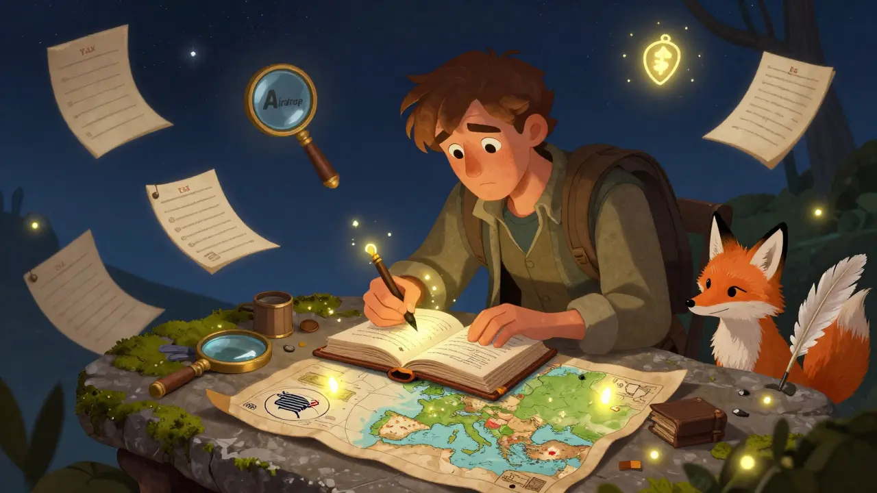 Ein Reisender dokumentiert Airdrops in einem magischen Buch, während europäische Steuergesetze als leuchtende Feuerfliegen um ihn schweben.