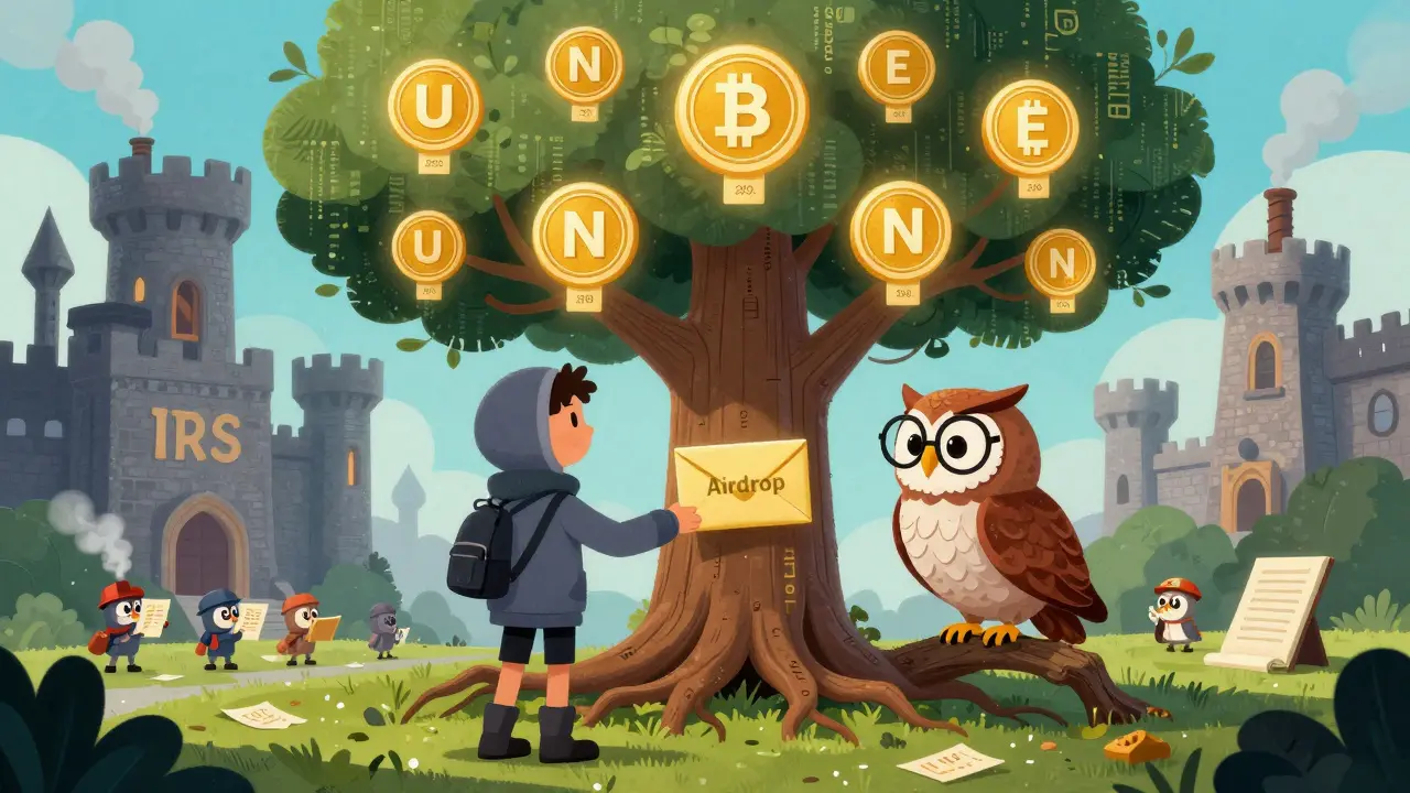 Ein Ritter erhält einen Airdrop von einer sprechenden Eule vor einem blockchain-baum, während eine IRS-Festung im Hintergrund thront.