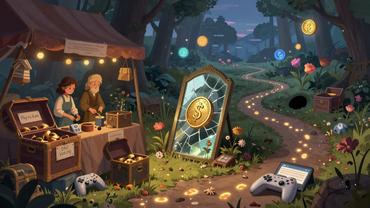 Ein verlassener Markt mit leeren Kisten und einem Spiegel, der nur einen wertlosen Token zeigt.