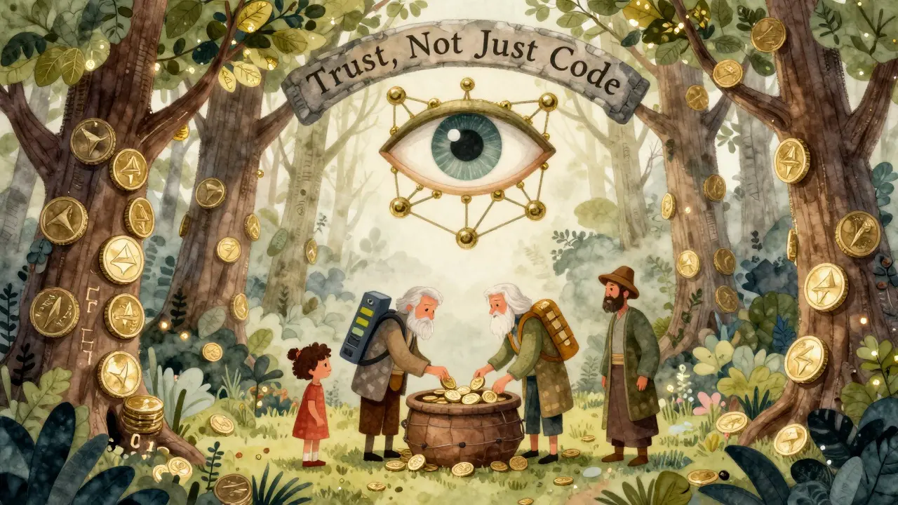 Forest of staked ETH trees, diverse villagers placing coins into a communal well watched by a node-eye.