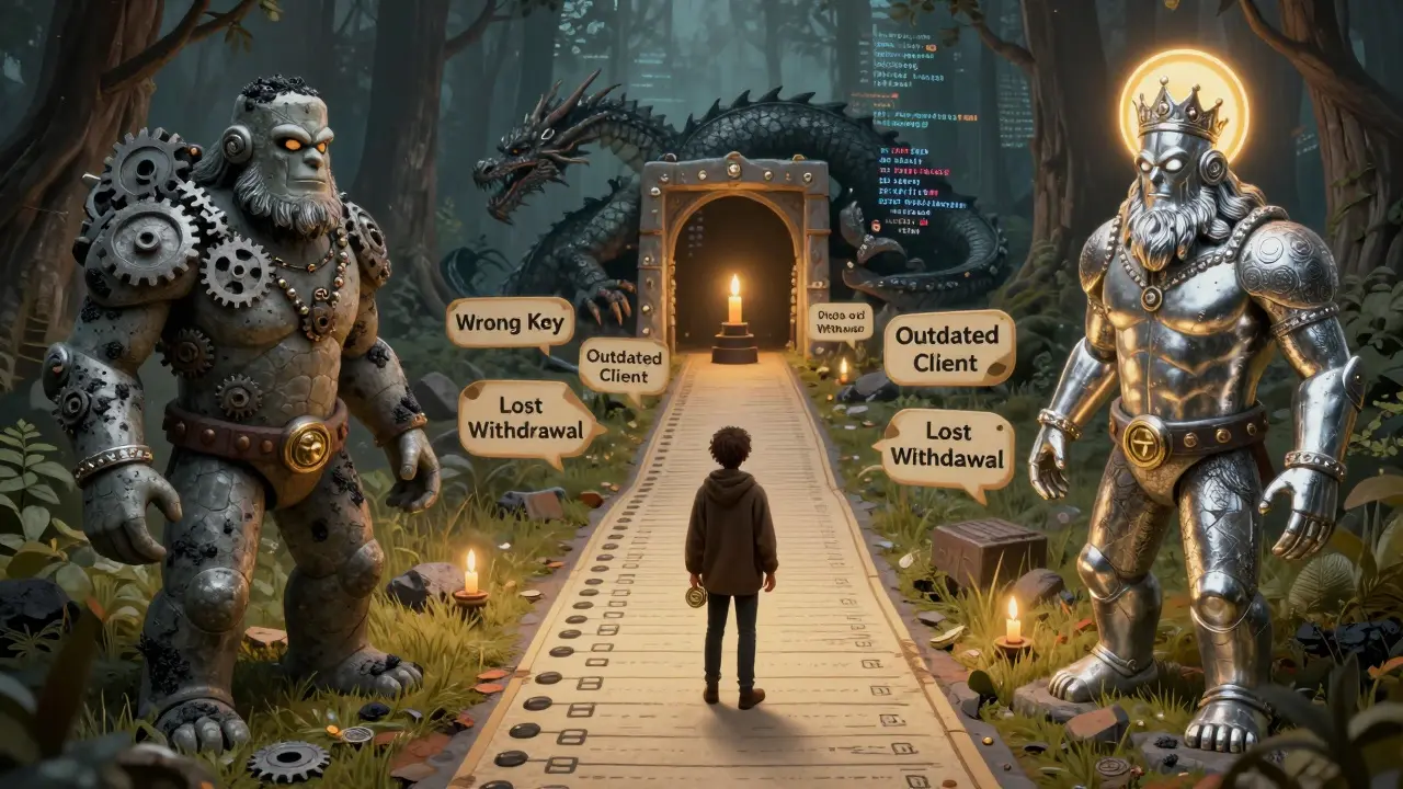 Path to a blockchain portal guarded by Proof of Work and Proof of Stake golems, a traveler facing warning symbols.