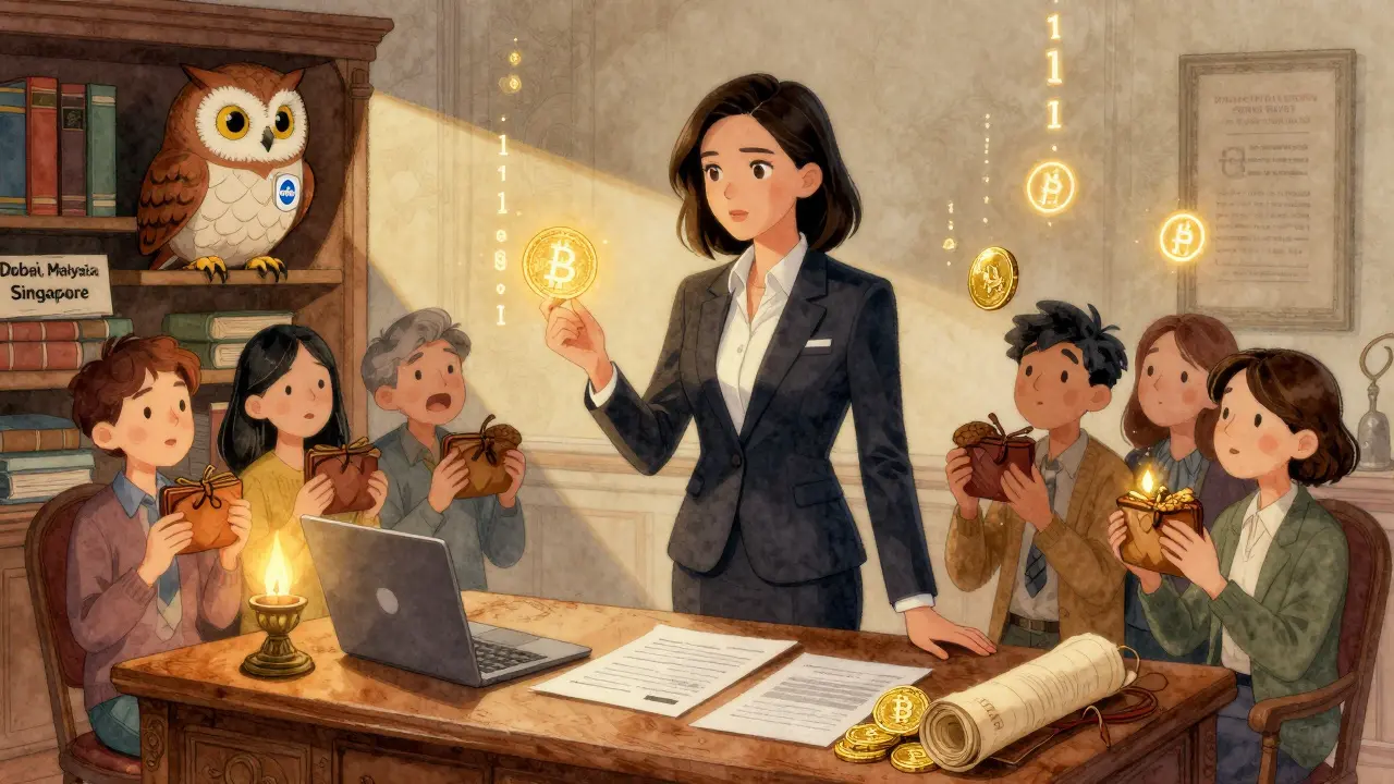 CEO Dilys Cheng an einem antiken Schreibtisch, umgeben von Compliance-Dokumenten und leuchtenden Kryptotokens, mit einer Eule, die eine Lizenz trägt.