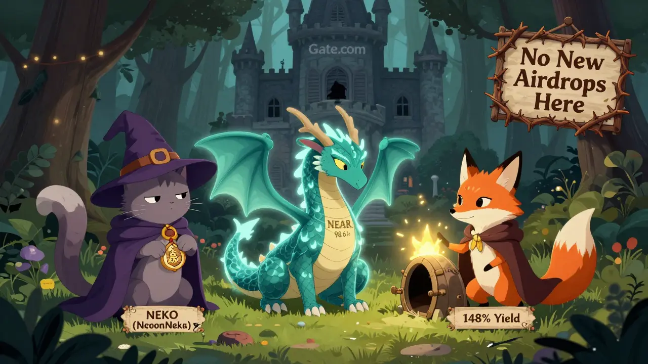 Drei magische Kreaturen um einen verfallenen Token, einer mit Verlust-Aura, einer mit falscher Rendite.