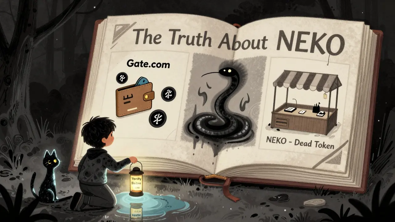 Ein Kind vor einer sprechenden Katze, die auf ein Buch mit der Wahrheit über NEKO zeigt.