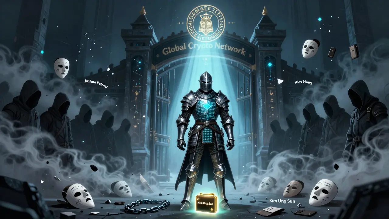 Ein Ritter aus Blockchain-Code steht vor einem Tor aus Kryptowährungen, während gefälschte Identitäten zu Staub zerfallen und eine gestohlene Wallet zu seinen Füßen leuchtet.