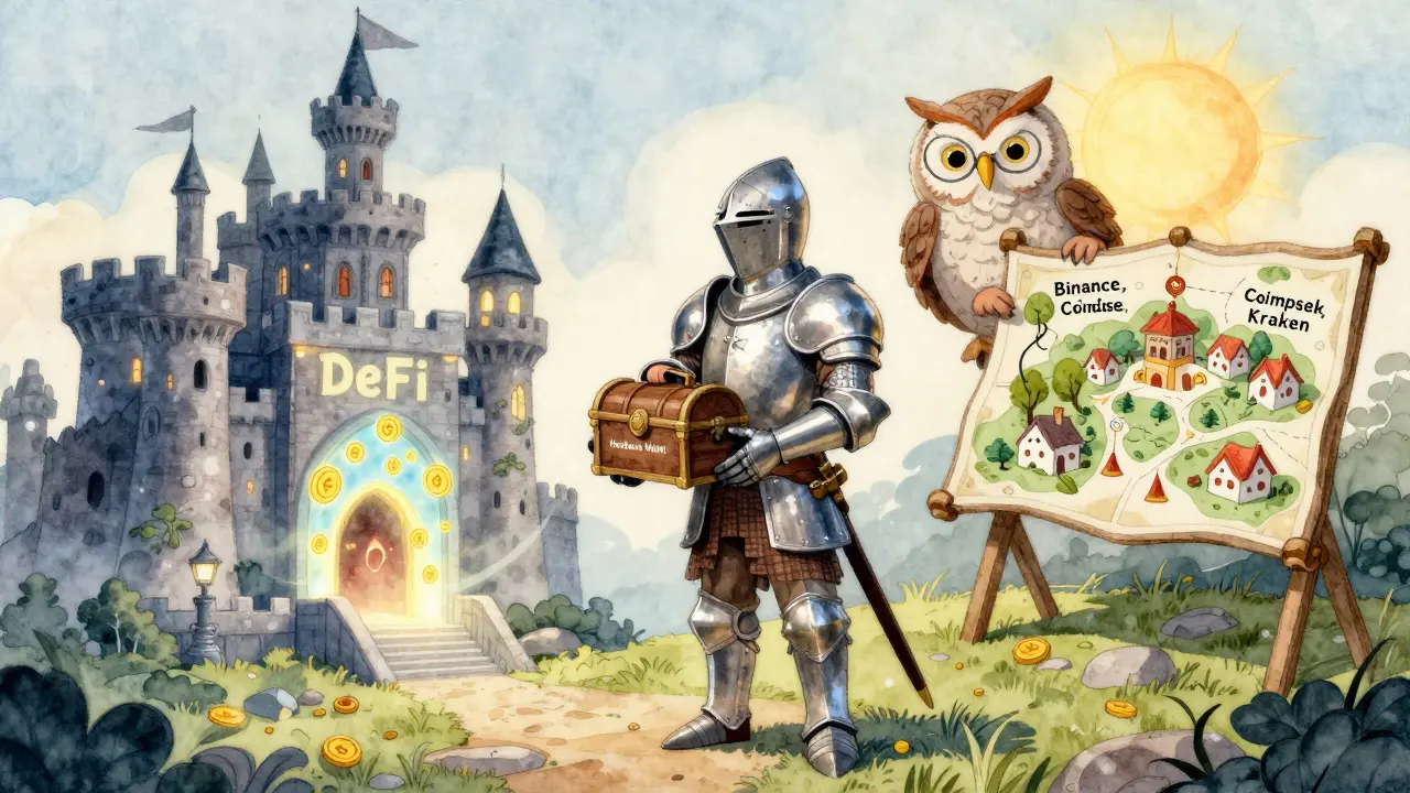 Ein Ritter hält ein Hardware-Wallet, während er eine gefährliche DeFi-Burg aus der Ferne beobachtet.