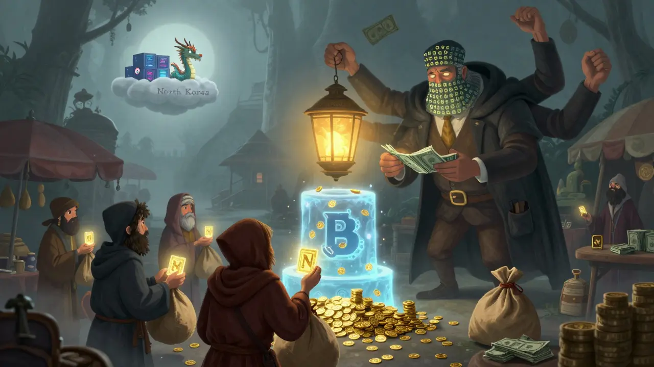 Eine geheime Geldwäsche-Zeremonie in einem nebligen Markt, wo OTC-Händler Kryptowährungen gegen Bargeld eintauschen, während ein Drache aus Nordkorea zusieht.