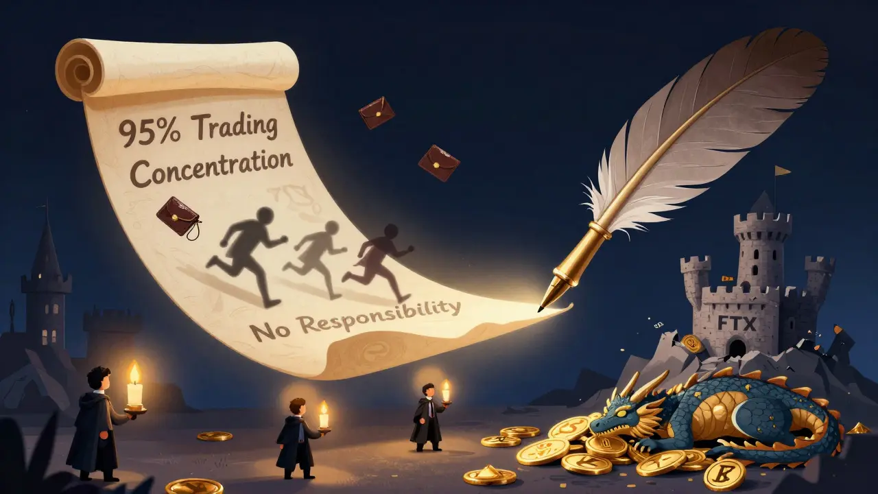 Eine riesige Feder schreibt Warnungen über eine zerfallende Kryptobörse, während Regulatoren mit Laternen erscheinen.