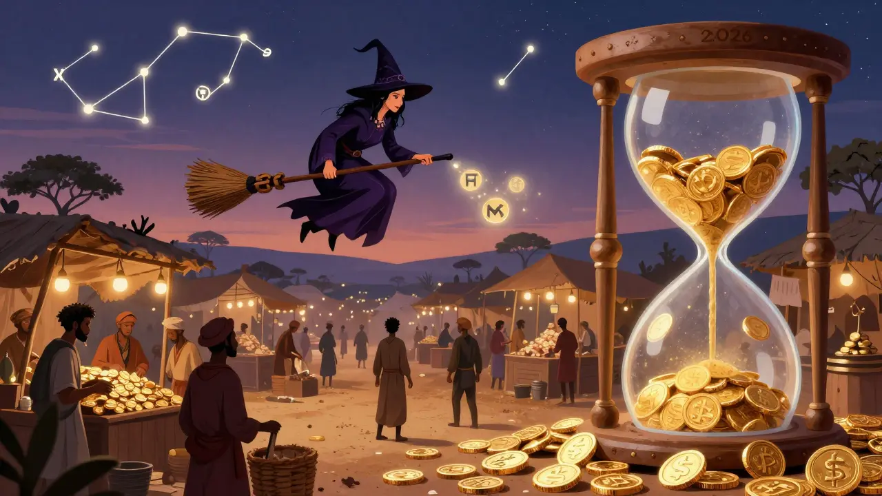 Ein afrikanischer Markt unter einem Himmel aus Regulierungs-Sternen, wo eine Hexe Transparenz über Nutzer zaubert.