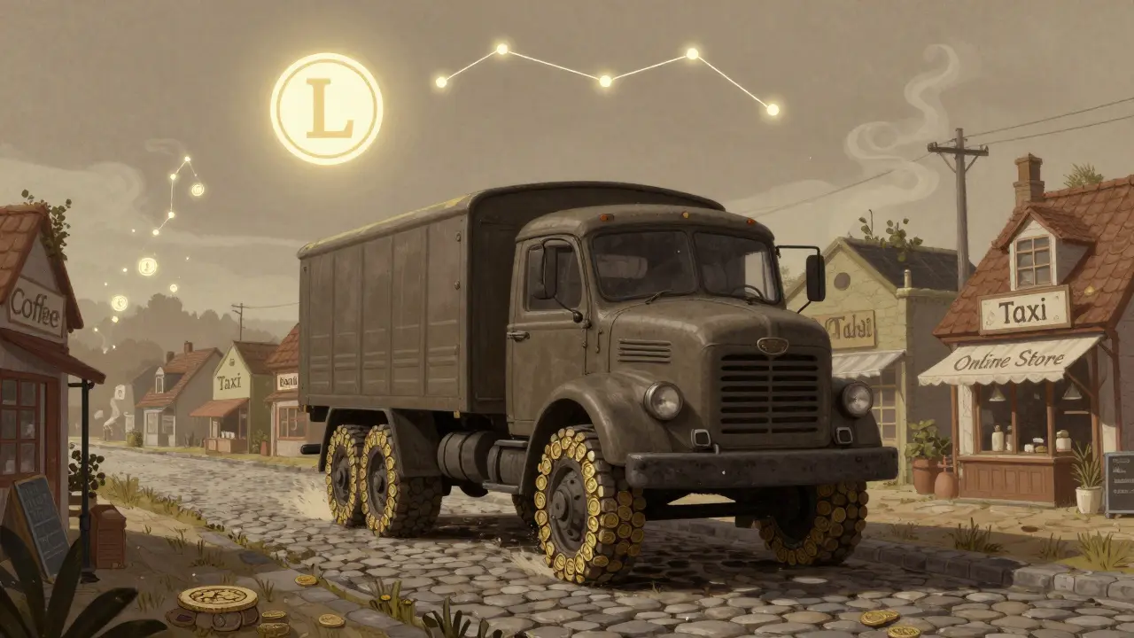 Ein alter Diesellokomobil aus Münzen fährt durch eine Dorfstraße, während das LTC-Symbol am Himmel leuchtet.