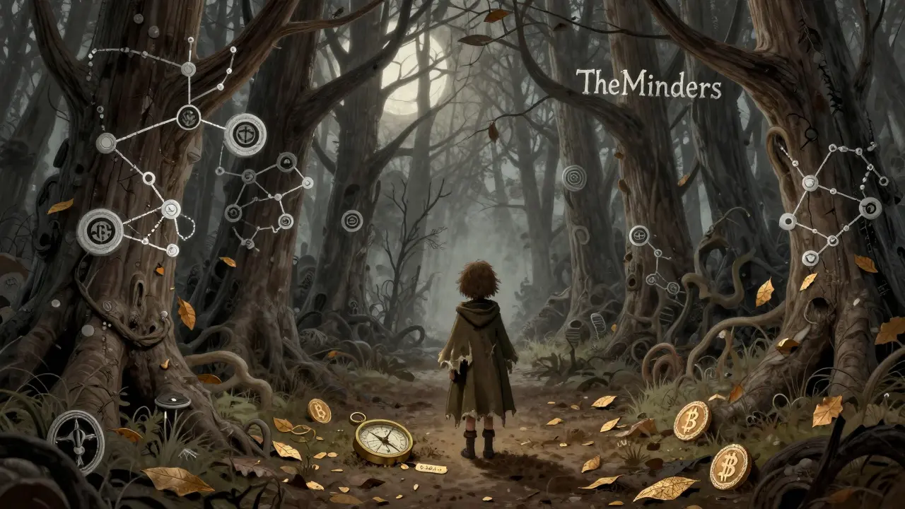 Ein Kind vor einem toten Wald aus Blockchain-Bäumen, mit einem zerbrochenen Kompass, der auf 0,0015 $ zeigt.