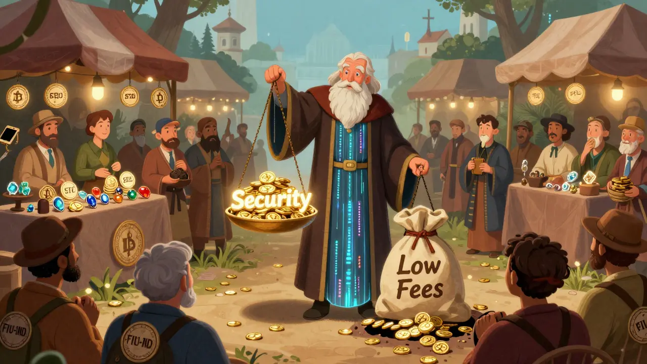 Ein Markt, wo nur Händler mit offiziellen Stempeln handeln dürfen; eine Waage zeigt Sicherheit gegen niedrige Gebühren.