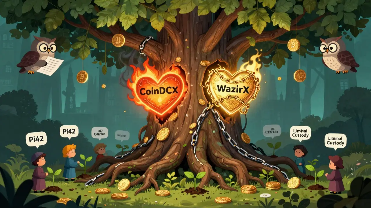 Ein riesiger Baum mit Blockchain-Wurzeln, dessen Herz von Sicherheitsketten umgeben ist, während kleine Händler neue Bäume pflanzen.