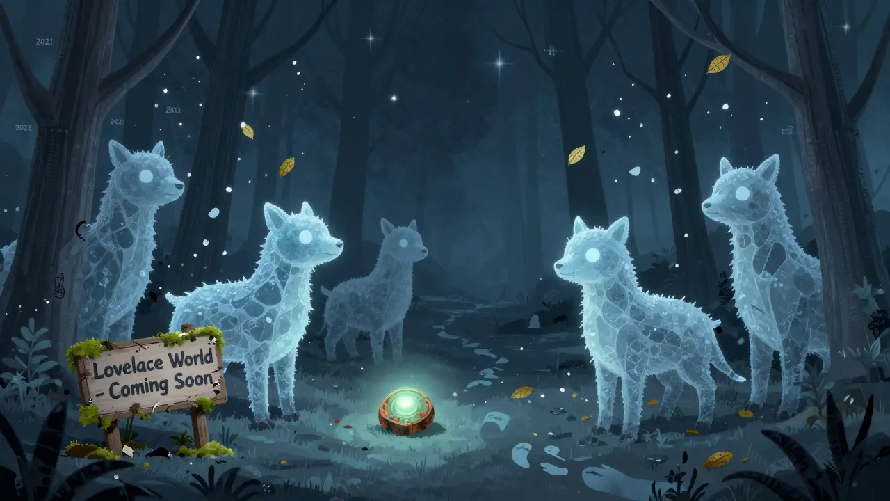 Ein toter Wald aus erstarrten NFT-Tieren, ein vergrabenes Schild sagt &#039;Kommt Bald&#039;.