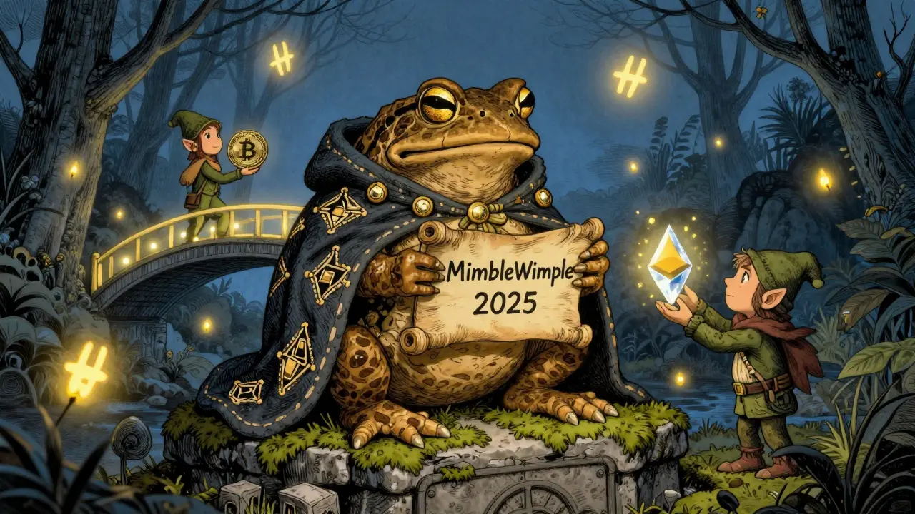 Ein weiser Kröter hält einen Scroll mit MimbleWimble, während Bitcoin und Ethereum über eine Lichtbrücke getauscht werden.