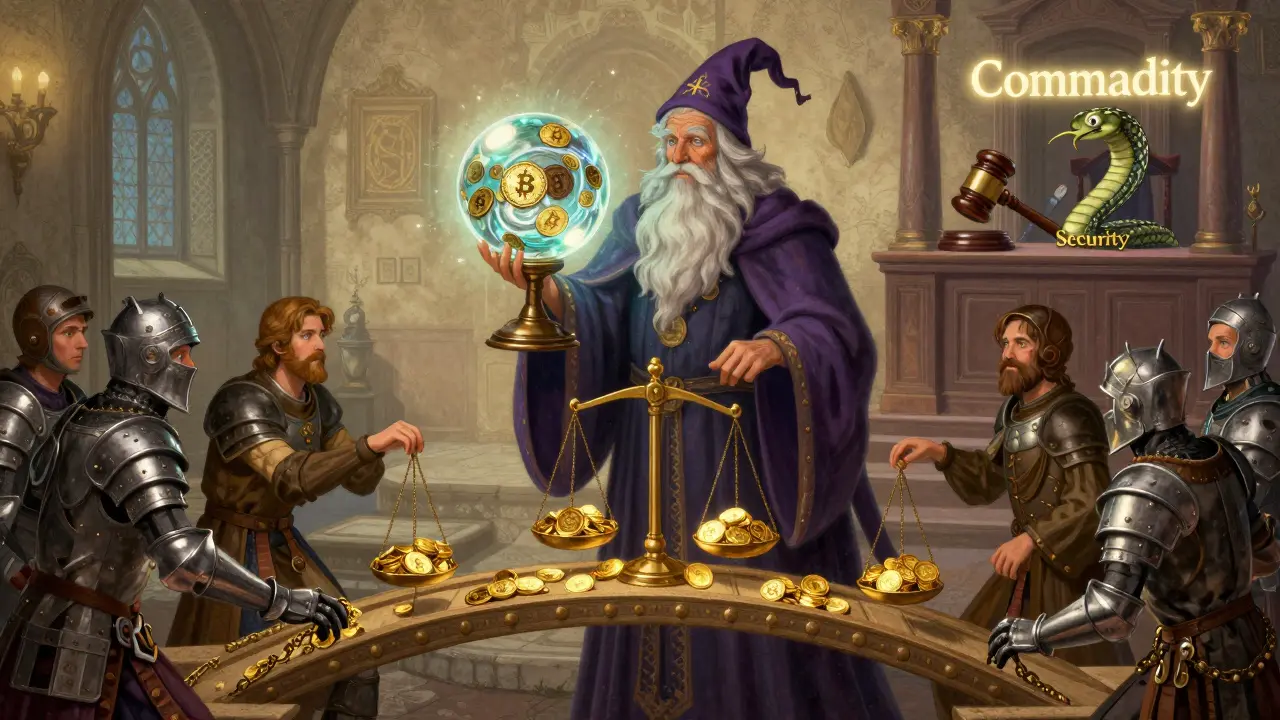 Ein Weiser Zauberer verwandelt Kryptowährungen in goldene Brücken, während ein Gerichtsprozess gegen die SEC stattfindet.