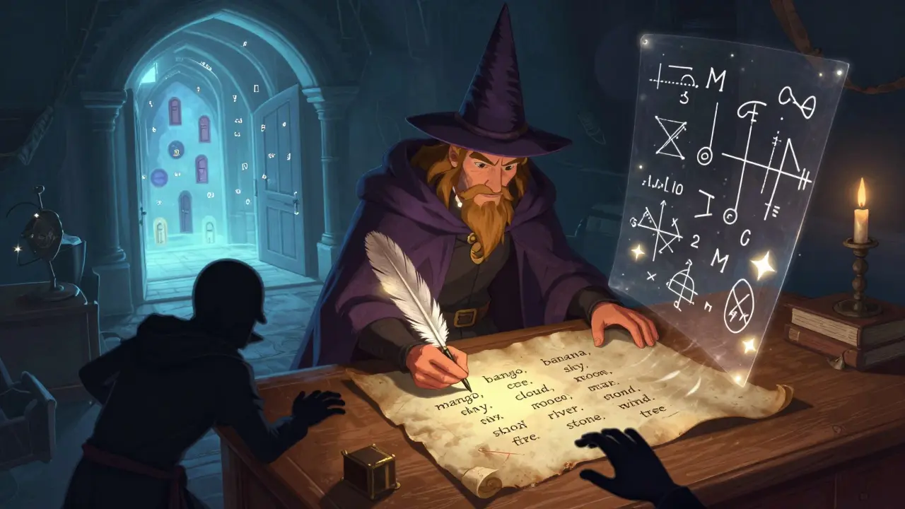 Ein Zauberer schreibt zwölf magische Wörter auf Pergament, während sich dahinter Adressen öffnen.