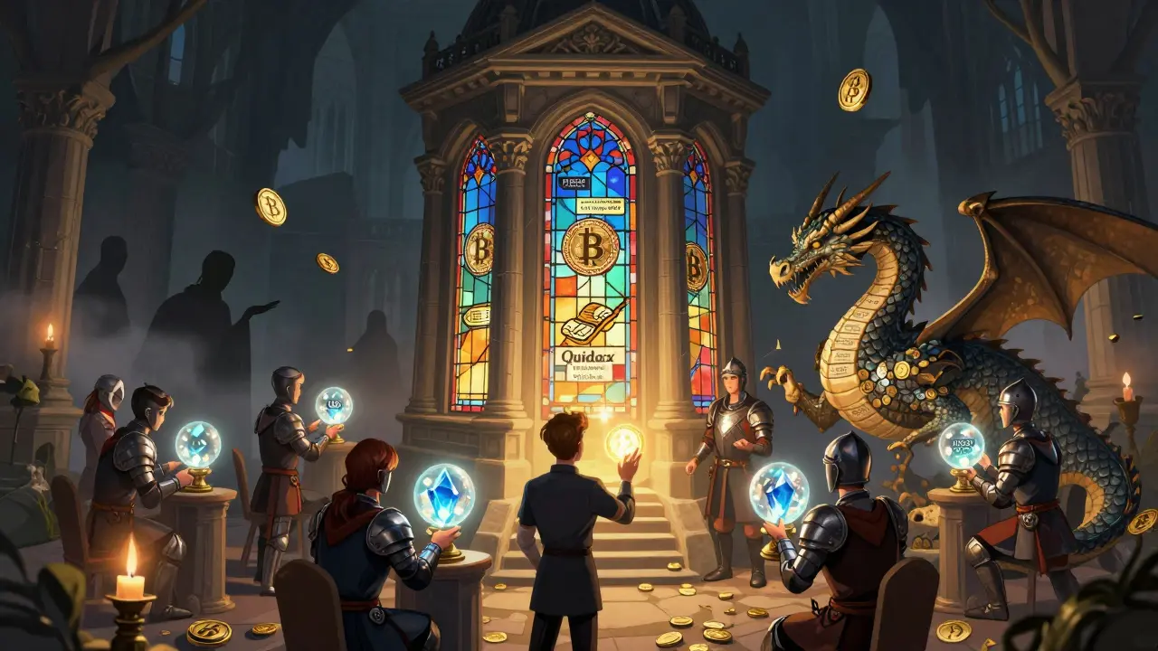 Eine Bank mit Glasfenstern aus Blockchain-Mustern, die einen lizenzierten Krypto-Drachen mit Prüfsteinen willkommen heißt.