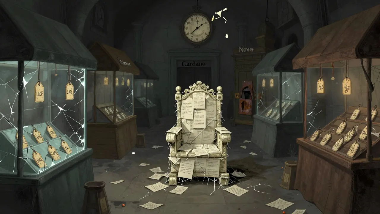 Eine leere Marktstraße mit verstaubten LACE-Token auf gläsernen Ständen, ein leerer Thron aus Whitepapers.