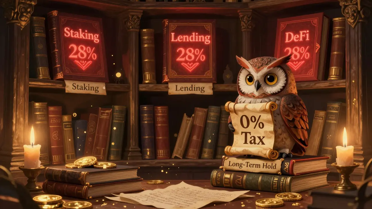 Eine magische Bibliothek mit schwebenden Büchern über Staking und Lending, während eine Eule auf einem Buch mit '0% Steuer' sitzt.