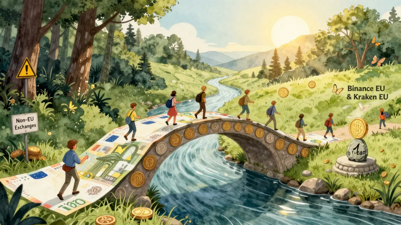 Eine magische Brücke aus Kryptosymbolen über einen Fluss aus Euros, mit Wanderern, die nach einem Jahr die Steuerfreiheit erreichen.