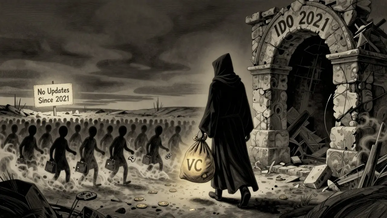 Eine schattenhafte Figur trägt VC-Münzen weg von einer zerstörten Eingangstür, während andere Investoren in Asche zerfallen.