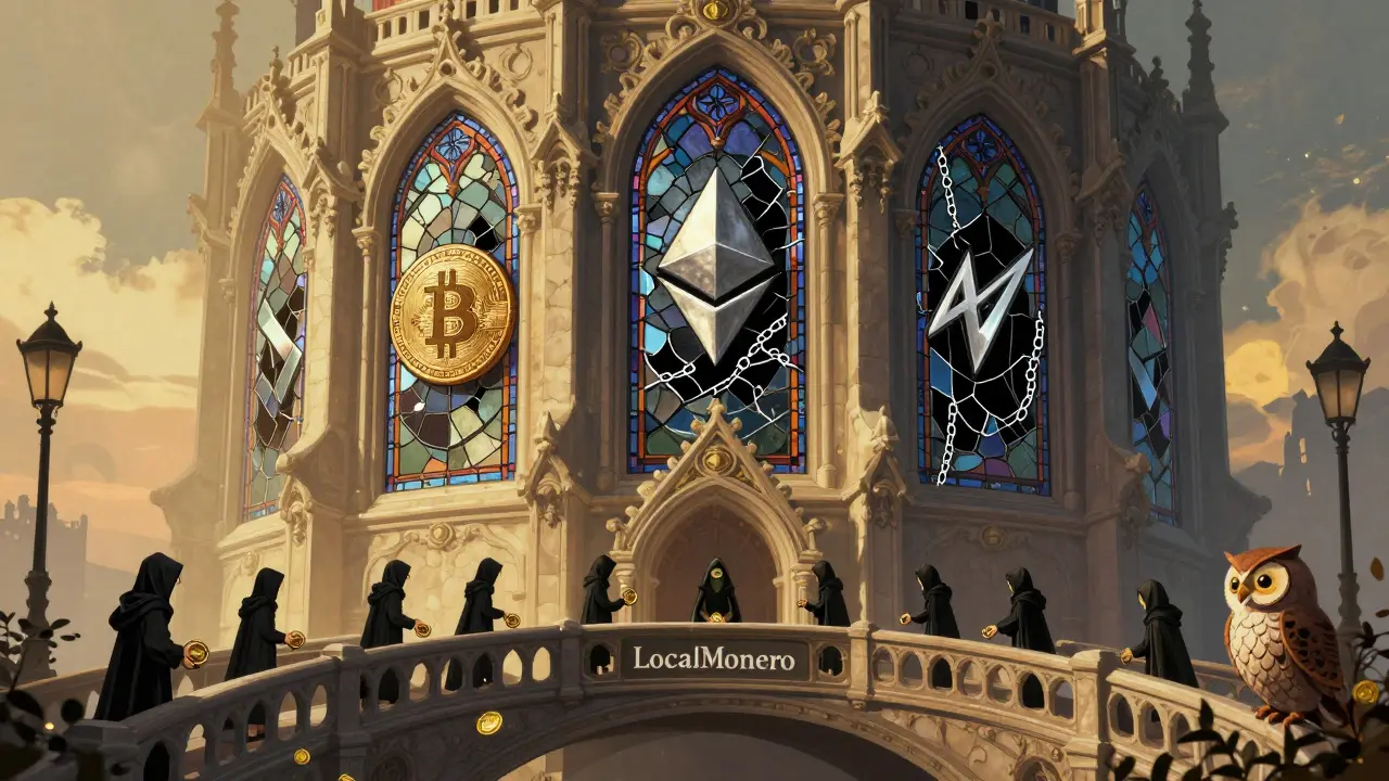 Eine verfallene Kryptobörse mit zerschlagenen Fenstern, während Nutzer heimlich unter einer Brücke handeln.